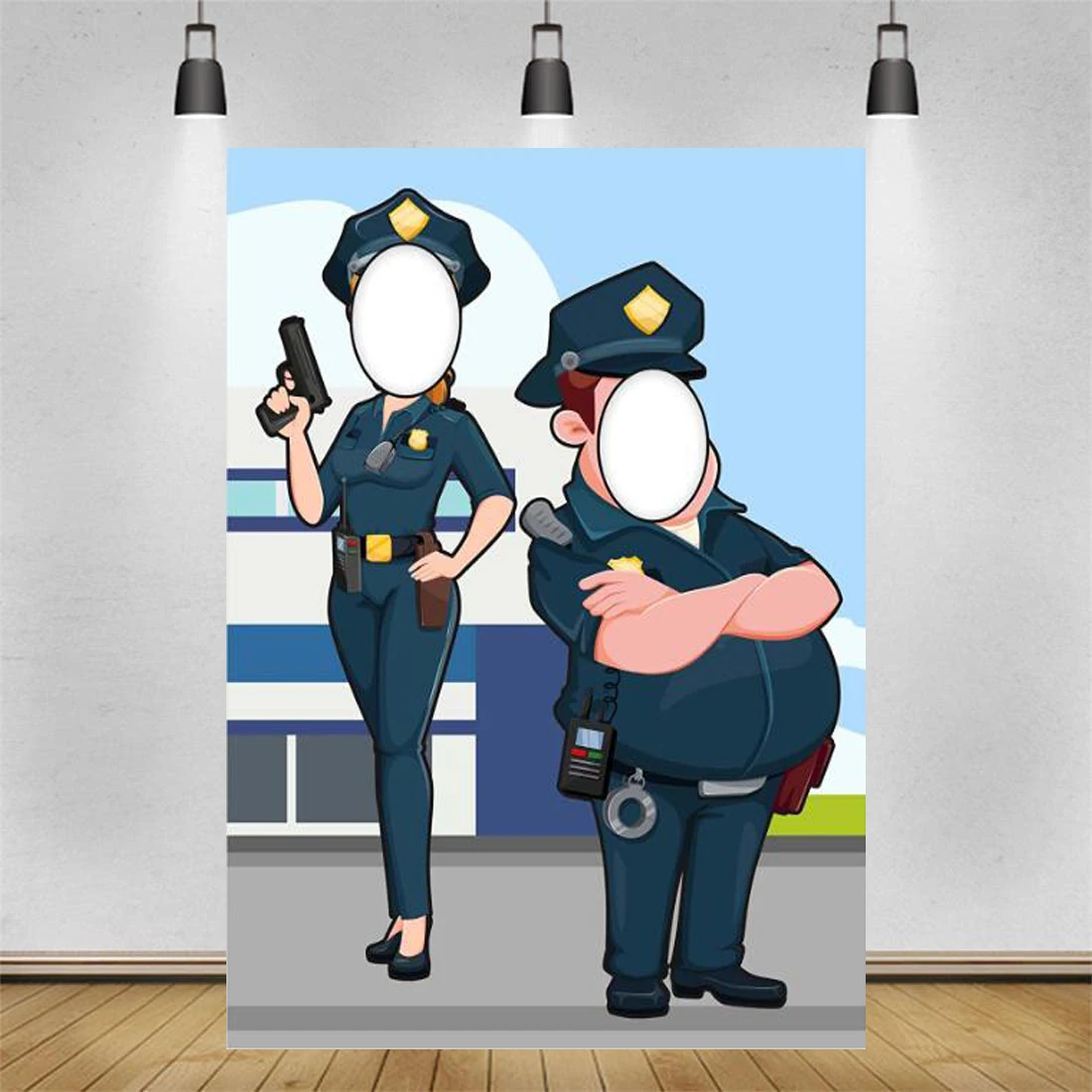 Policeman Uniform Photo Banner Backdrop Face Booth Prop Pretend Play Party Game Cops Theme Decor Birthday Baby Shower Background