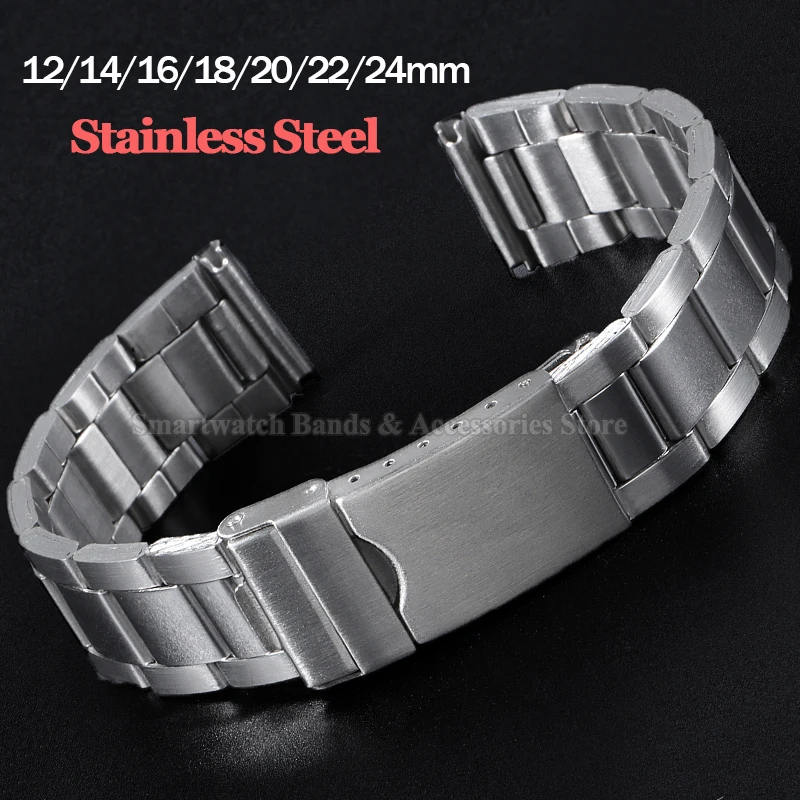 12mm 14mm 16mm 18mm 20mm 22mm 24mm Stainless Steel Watch Strap for Seiko for Rolex Universal Wrist Band Folding Buckle Bracelet