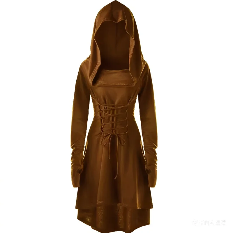 Kostum Cosplay Pemanah Renaisans Wanita Jubah Berkerudung Berenda Vintage Pullover Hoodie Panjang Gaun Jubah Pesta Halloween Abad Pertengahan