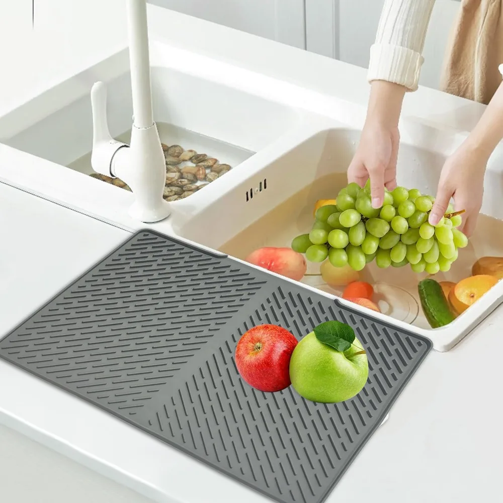 

Pure Color Silicone Dish Drying Mat with Drainage Slope Non-Slip Kitchen Counter Protector Heat Resistant Drying Rack