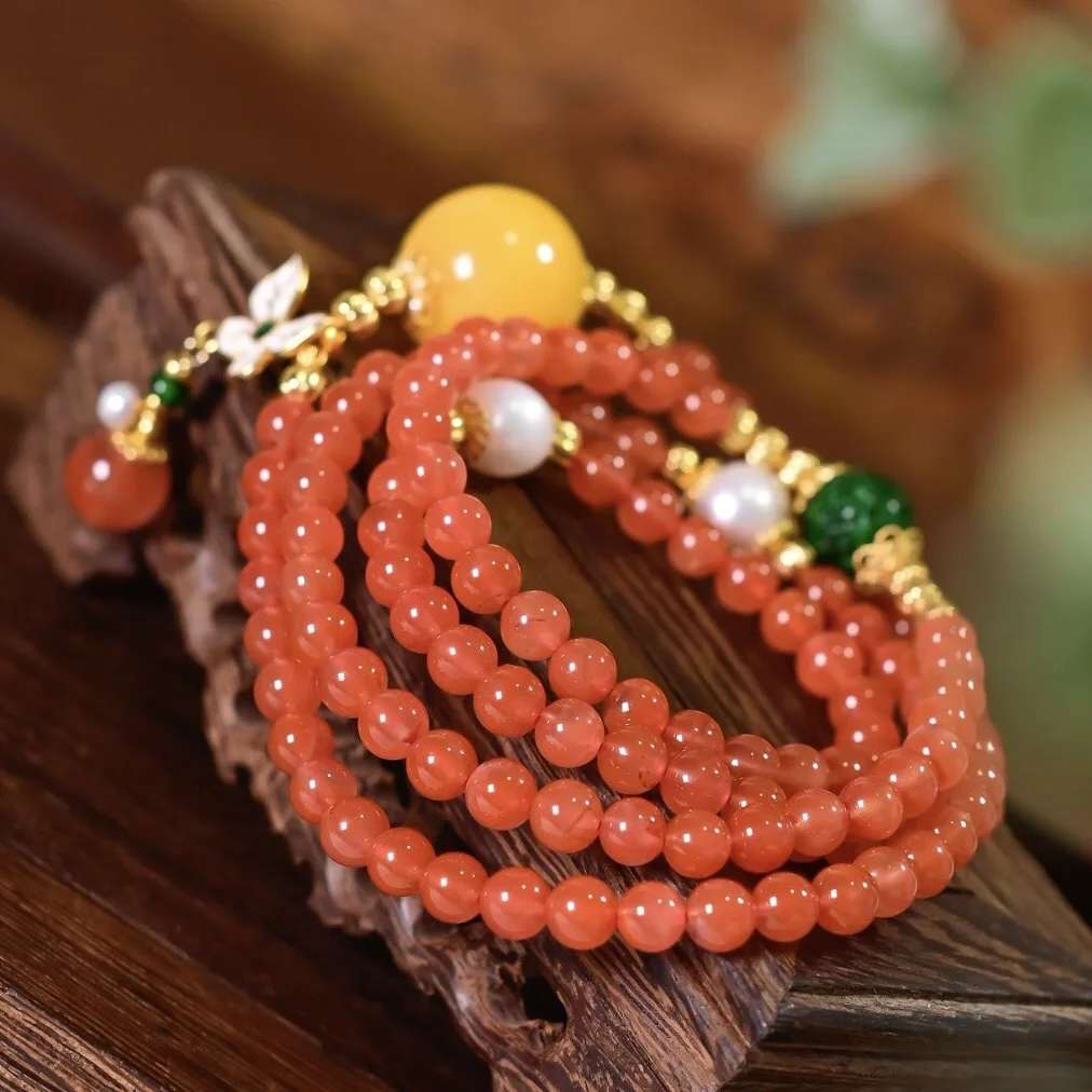 Natural Red Agate 4-Layer Bracelet, Amber & Grade-A Jade Carved Hydrangea Beads, Traditional Chinese Style Jewelry Gift