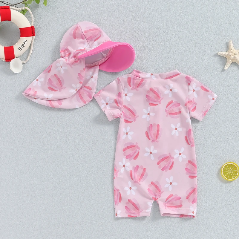 Baby Girl Rash Guard Swimsuit Short Sleeve Scallop Shell Print Bathing Suit Infant Swimwear with Sun Hat 2 Pieces Set