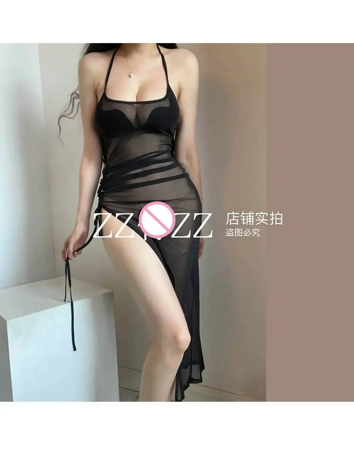 New Sweet Cool Drawstring Lace Up Slit Mesh Transparent Sexy Dress Elegant Black Thin Fashion Women Mini Dress Tops 01LD