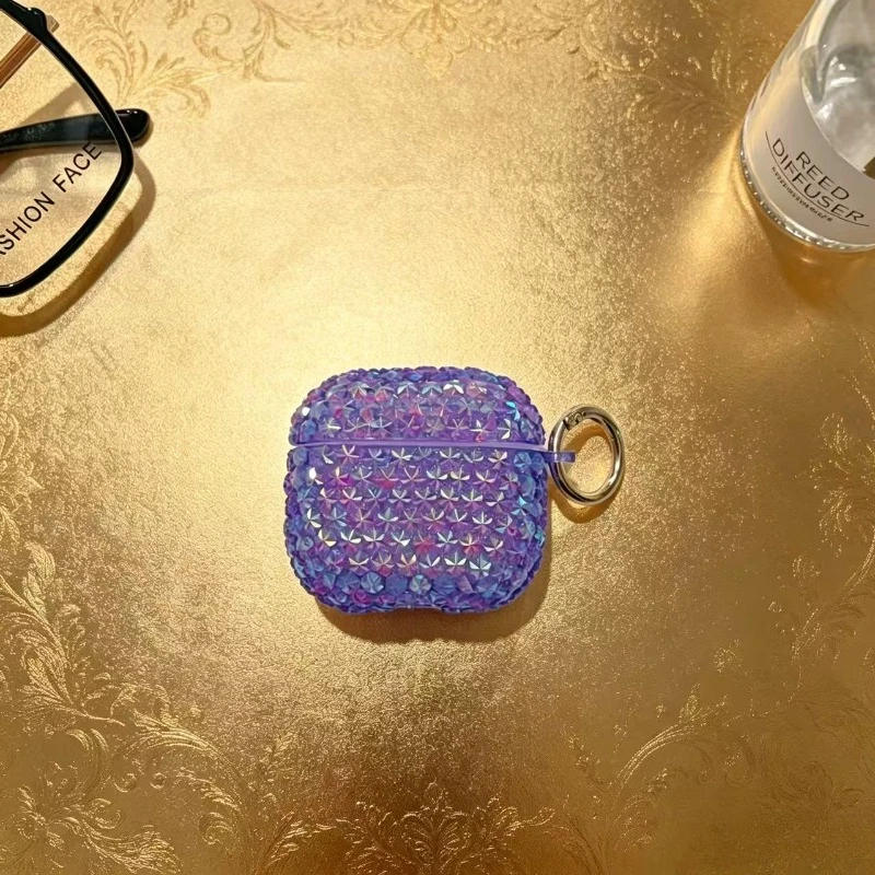 Étui de protection brillant pour écouteurs 5 couleurs - Étui de protection brillant en cristal diamanté avec porte-clés métallique portable