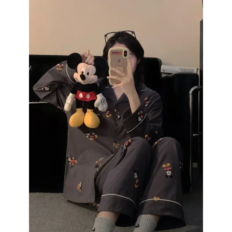 Disney Mickey Mouse Seiden pyjama Damen reine Baumwolle Langarm Cartoon bequeme Revers lose lässig zu Hause Frauen Pyjama