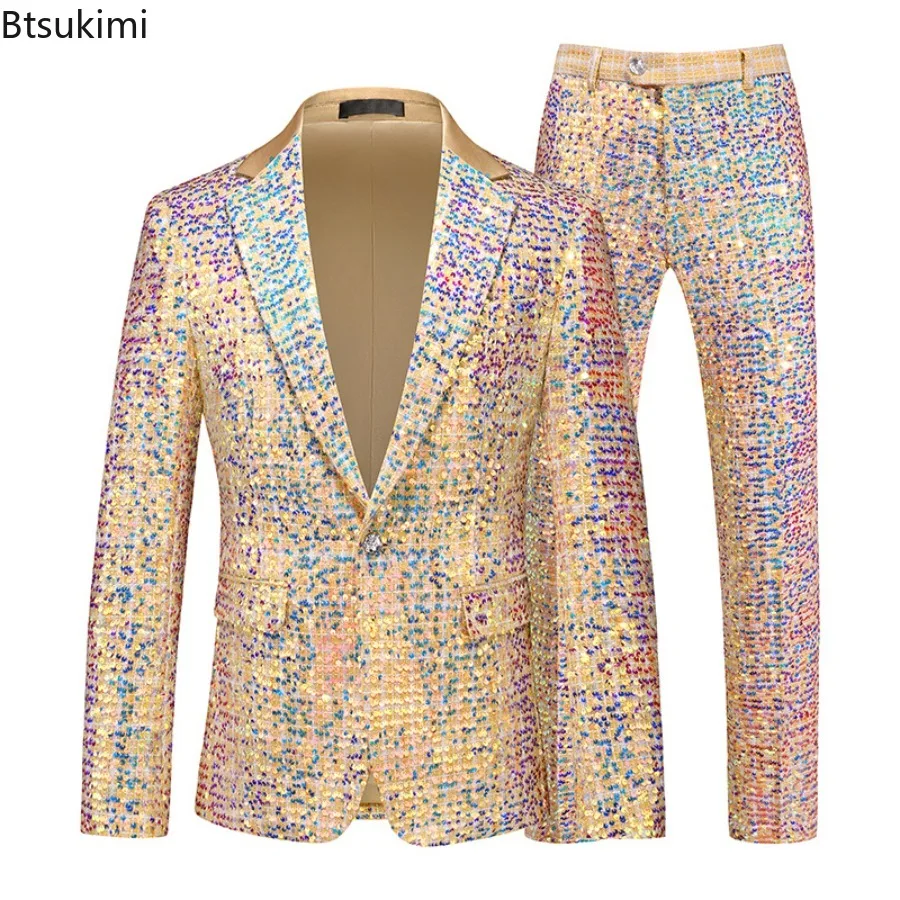 

New 2025 Men's Gold Sequined Suit Two Piece Wedding Party Dress Jacket and Trousers Male Stage Performance Sets M-7XL Plus Size