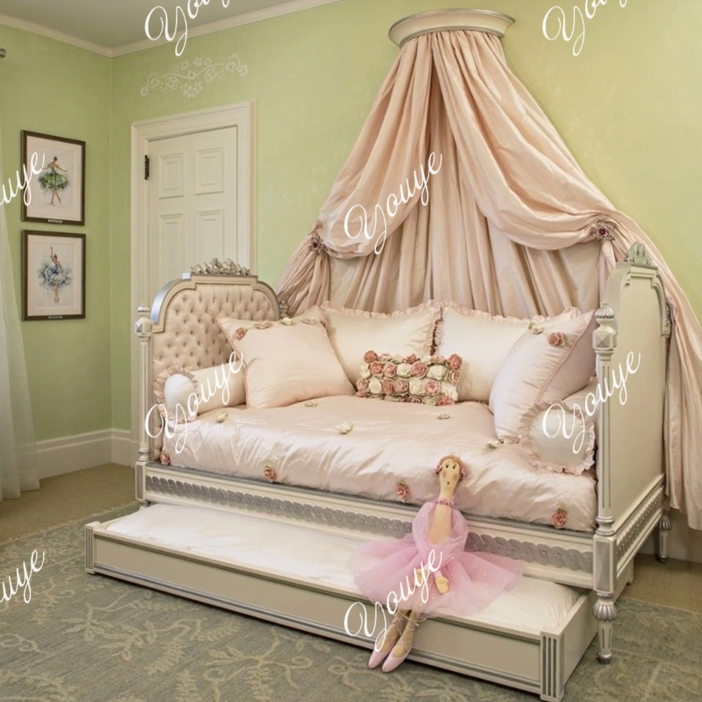 

Girl Bedroom Princess Bed French Solid Wood Engraved Bow Children's Single Bed Storage Trailer Custom Double Bed