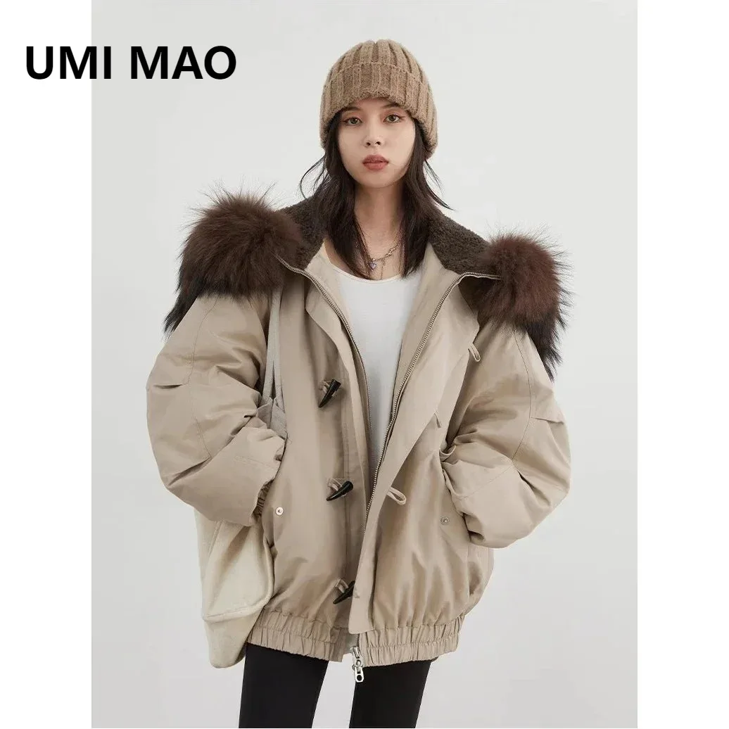 

UMI MAO зимние женские пуховики, свободные повседневные женские пуховики с капюшоном и роговой пуговицей 90, белая куртка на утином пуху