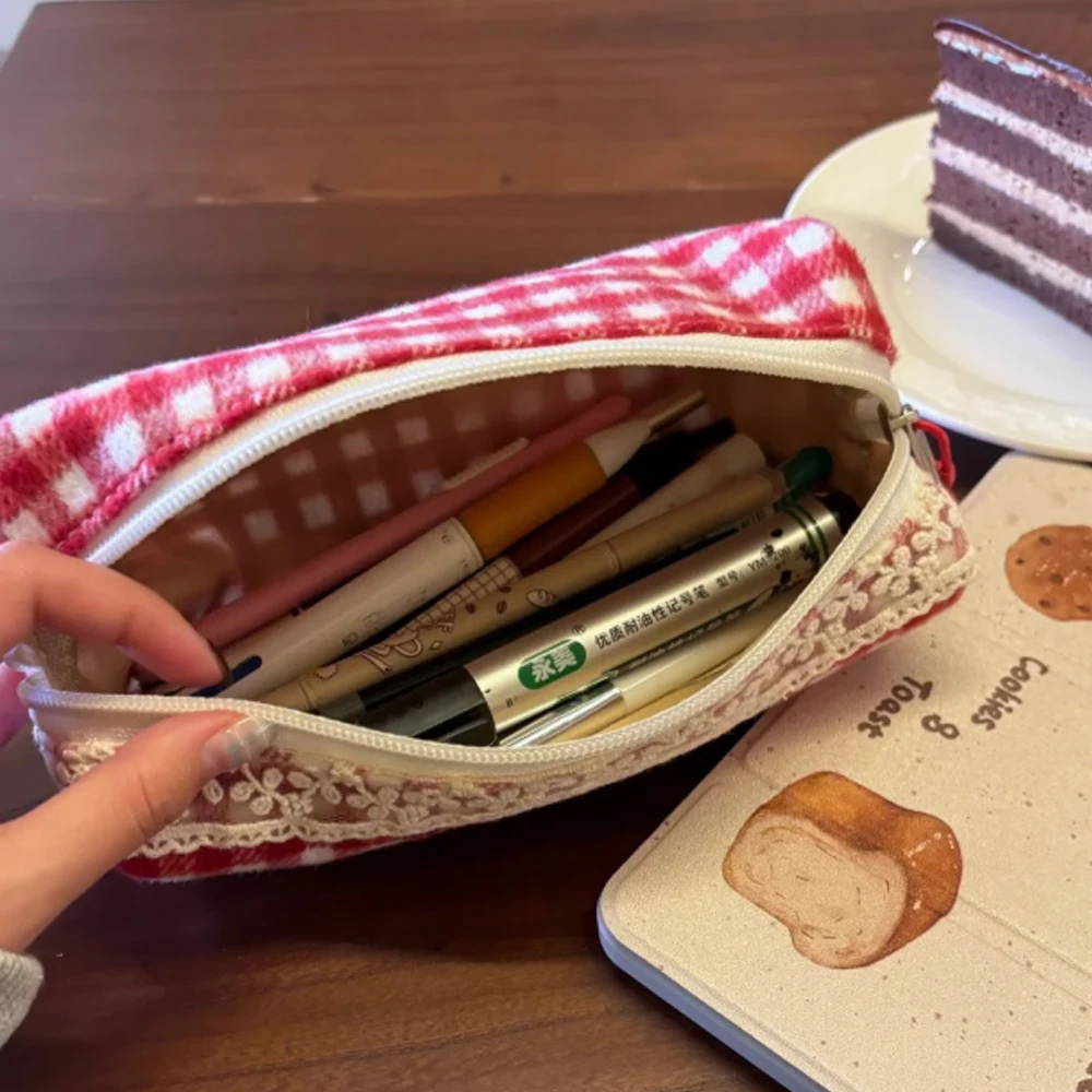 Cute Cartoon Hello Kitty Red Checkered Large Capacity Pencil Case Student Stationery Girl Kawaii Ktcat Pendant Apple Pencil Case image 5