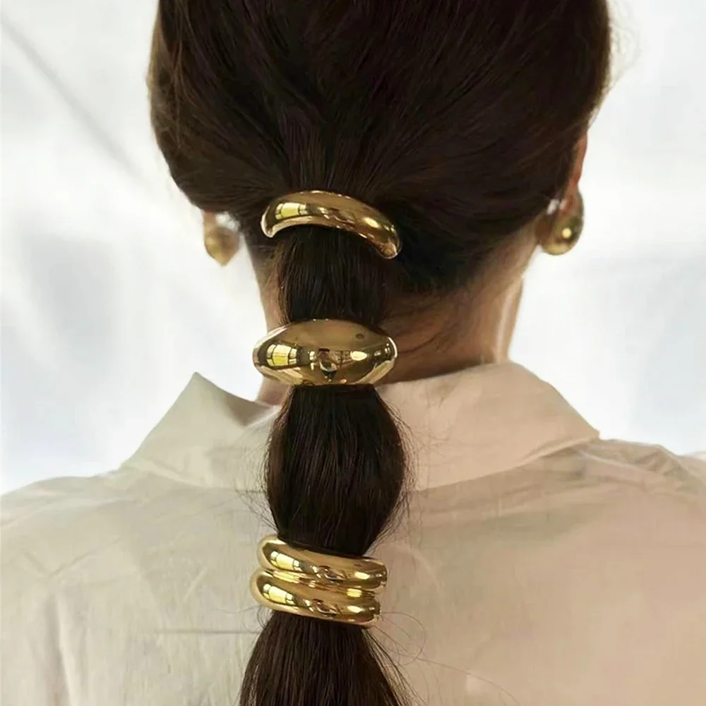 Classic Irregular Geometric Charms Hair Ties Gold Silver Metal Ponytail Holder Hair Cuff Rope Women Girls Elastic Rubber Band