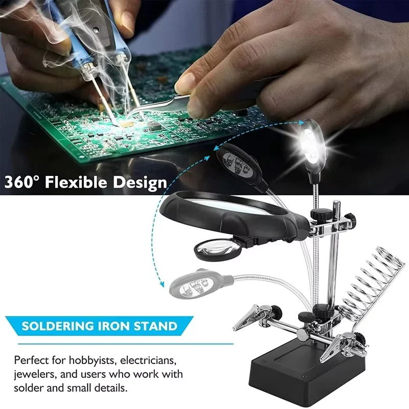 3 Hand Soldering Iron Stand Moto Clean Tool With Magnifying Glass Illuminated LED Alligator Clip Holder Clamp Helping Repair - view 5