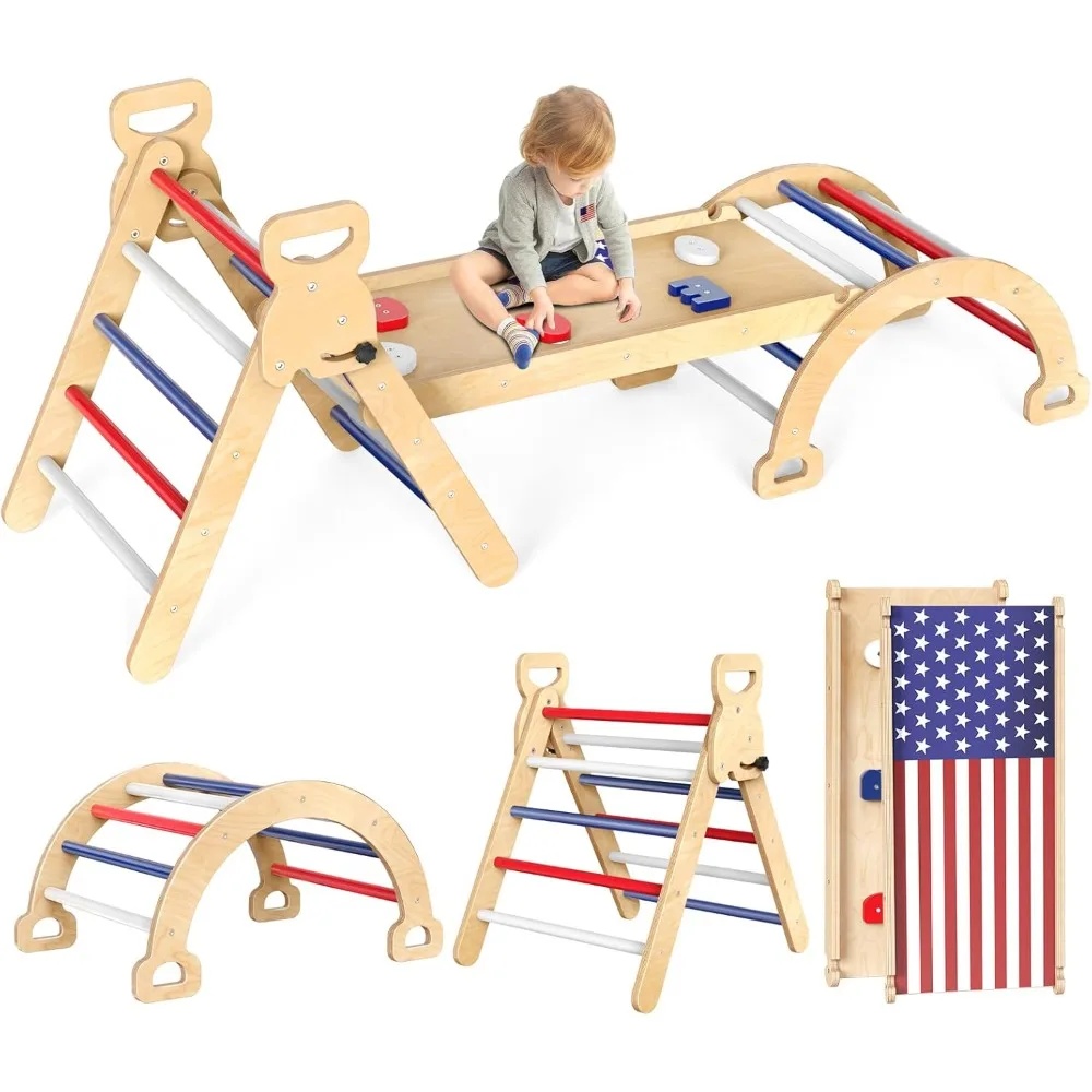 Triangle Suit Flag Style, Wooden Climbing Set, Foldable 3 Piece Climbing Gym with Triangle Climbing Frame, Arches, Ramps