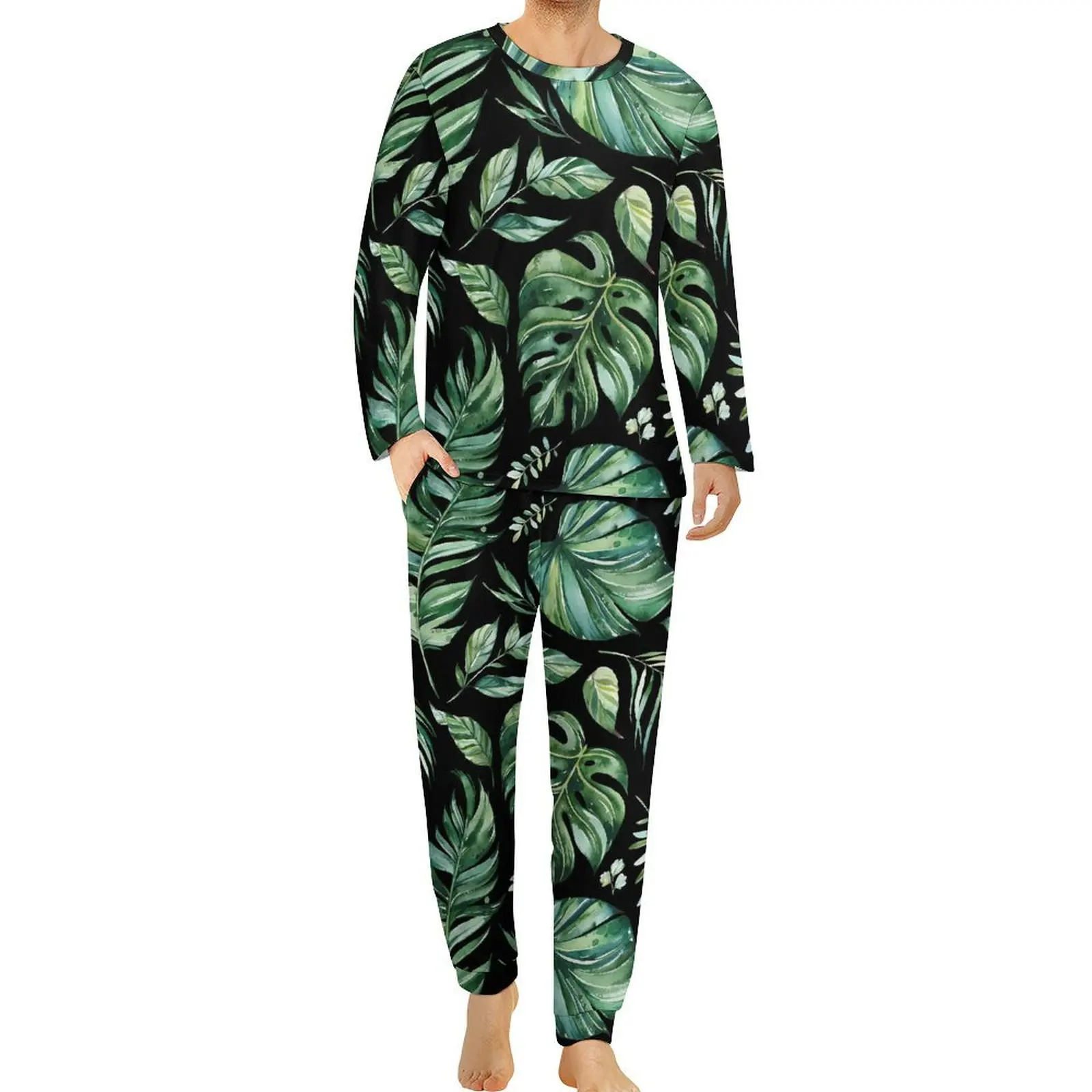 Tropical Leaf Pajamas Winter 2 Pieces Green and Black Warm Pajama Sets Male Long Sleeve Bedroom Custom Nightwear Large Size 6XL