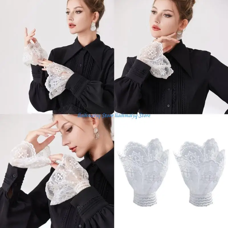 573B Lace Trim Design Arm Sleeves Decorative Sleeves Armwear for Women Dress Enhancer