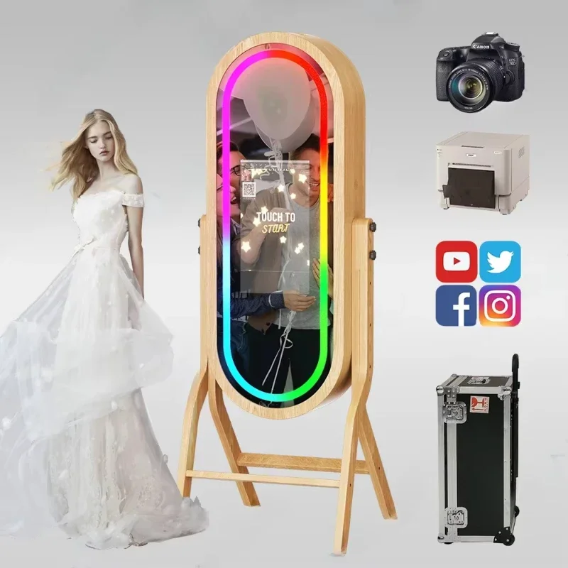 

21.5-Inch Wooden Mirror Photo Booth: Wedding Ready, Equipped with Ring Lights, Stable Mirror, and Printer Stand