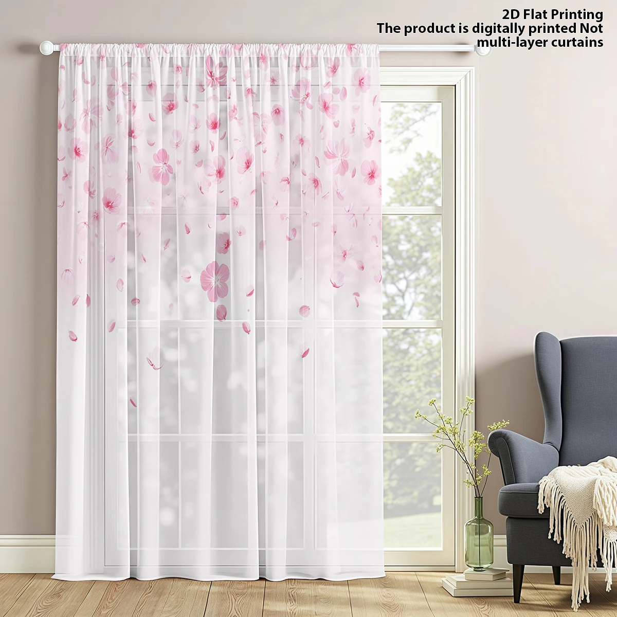 Cherry Blossom Gradient Print Sheer Curtain, Mother's Day 70% Light Filtering Privacy Sheer Curtain for Living Room Bedroom Stud