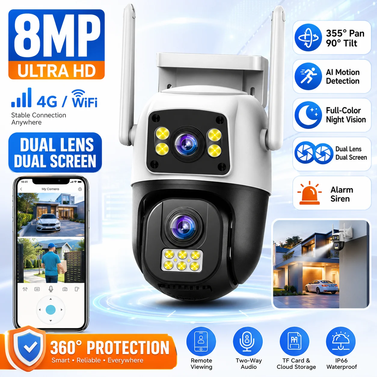 8MP 4G SIM-Karten-Außen-PTZ-Kamera mit Doppellinse, Doppelbildschirm, WLAN, Drahtlose Sicherheitskamera mit Personenerkennung, IP-Überwachungskamera
