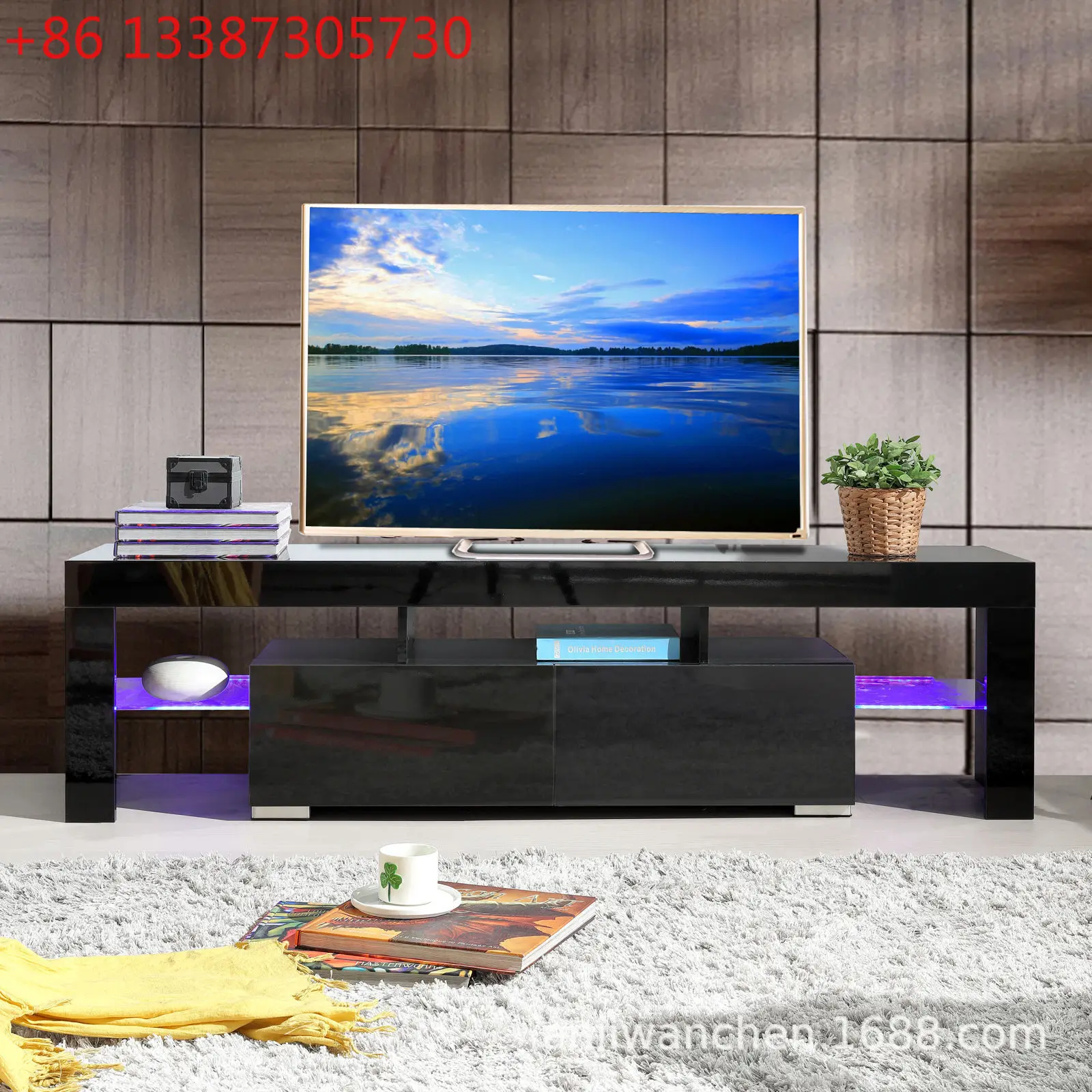 

LED audio-visual cabinet, bedroom living room high-gloss panel hollow design TV cabinet
