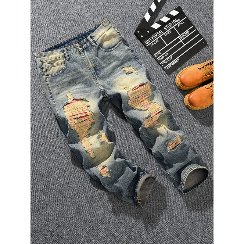 Jeans bonitos de rua para homens, retrô nostálgico, solto, tubo reto, remendo de piercing, feito de tecido jeans antigo, calças de pernas largas