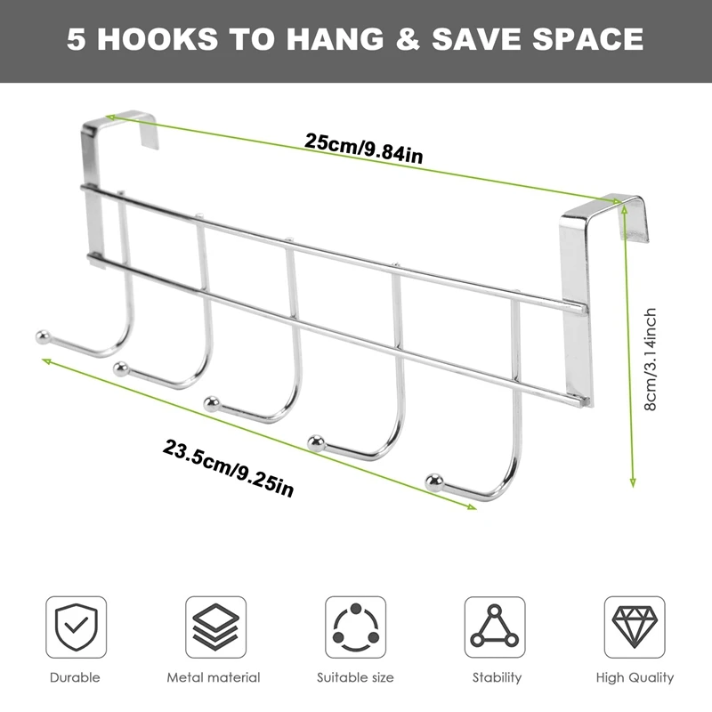 Cintre à boucle pour manteau et serviette de maison, 2x5 crochets au-dessus de la porte, étagère de support T1, argent, HOKitchen