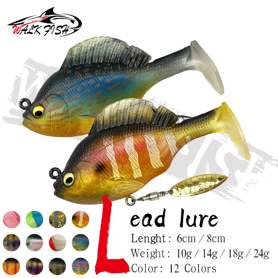 WALK FISH 10g-24g 6cm/8cm Leurre de pêche VIB, Jig en plomb rotatif à paillettes, Leurre souple creux en forme de poisson à queue en T, Appâts artificiels pour truite