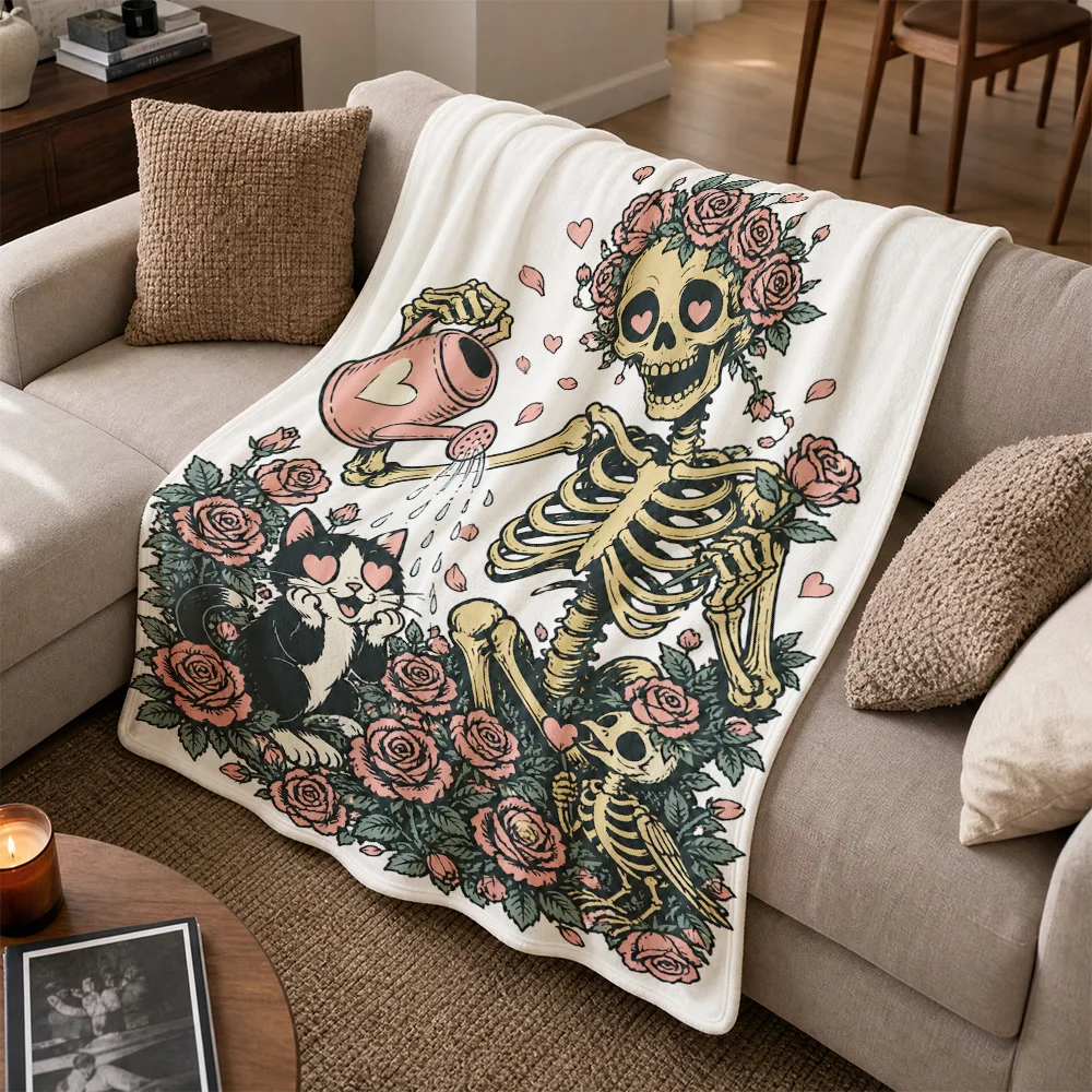 Macabre Gothic Skeleton Rose Cat Throw Blanket Cozy Couch Decor Halloween Art Print Fleece Bed Cover Gift