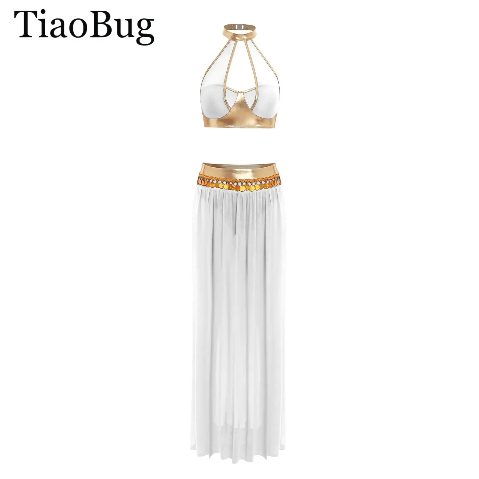 

Women Halloween Egyptian Cleopatra Cosplay Costume Halter Metallic Sequin Crop Top And Tassel Split Mesh Skirt Belly Dance Set