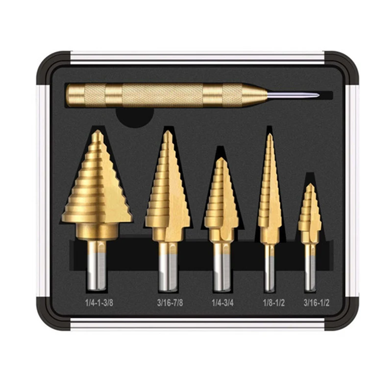 Set di punte per trapano a gradino in acciaio cobalto ad alta velocità da 5 pezzi Metri/foro multiplo imperiale 50 dimensioni con custodia in alluminio