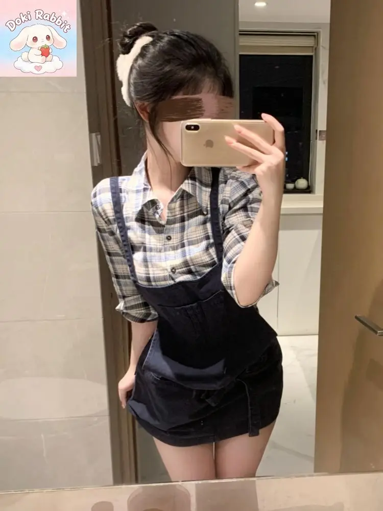 Korean Fashion Elegant Women's 2 Piece Set Plaid Long Sleeve Shirt + Design Black Suspender Skirt Y2k Summer Streetwear Outfits view 3
