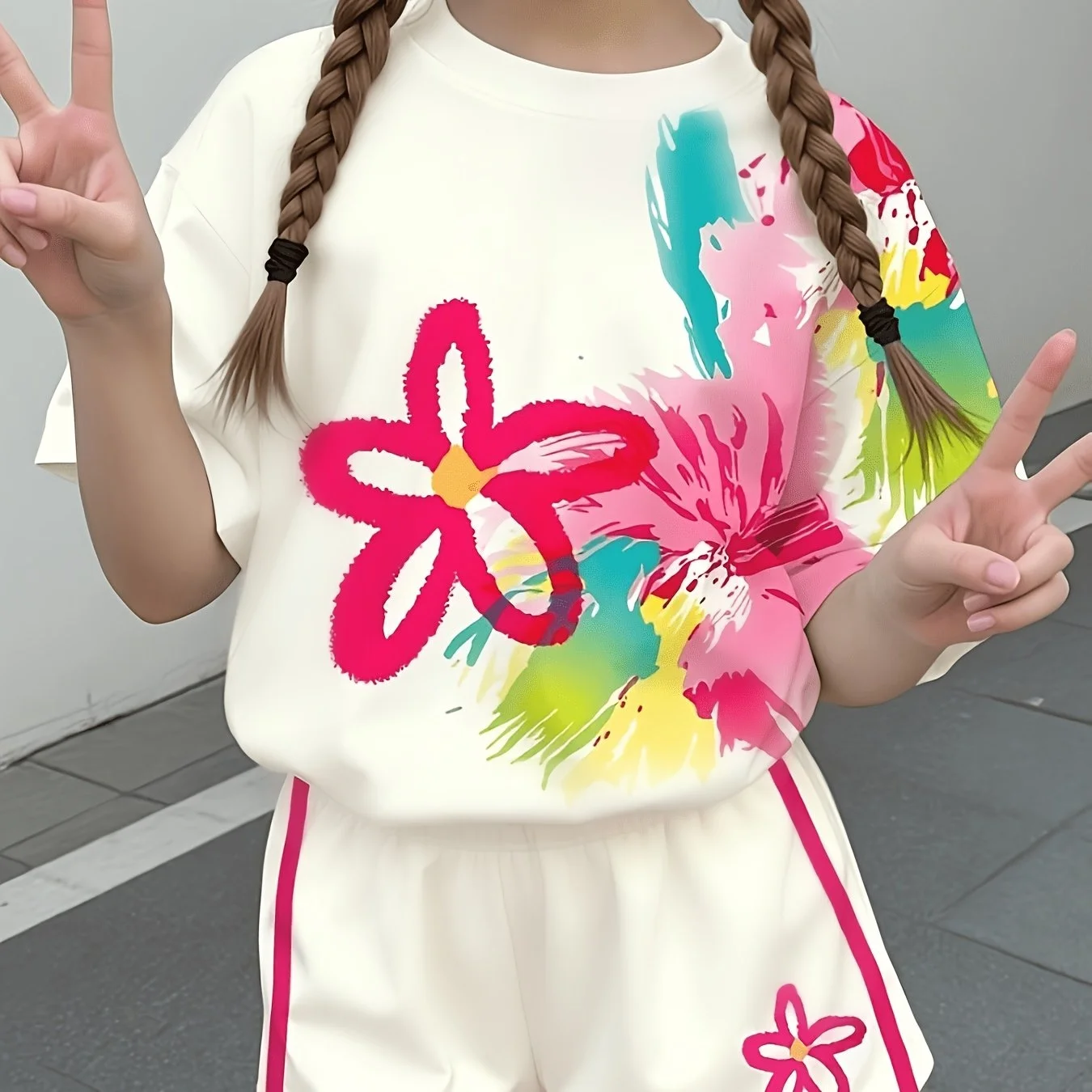 Girls 2PCS Set Colorful Dopamine Floral Brush Print Loose Round Neck Short Sleeve Tee Casual Outdoor Children Fashion Outfit