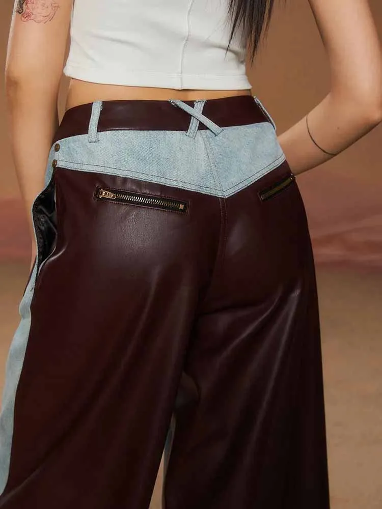 BKQU Vintage cuir Patchwork Baggy jean femmes Unique contrasté taille haute fermeture éclair jambe large Denim pantalon 2025 Chic Streetwear