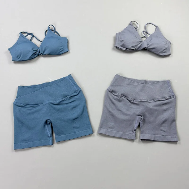HISTELLO Gym Set Criss Cross Vision Shorts and Vision Twist Front Sports Bra Sets Squat Proof Soft Halter Running Training Suit