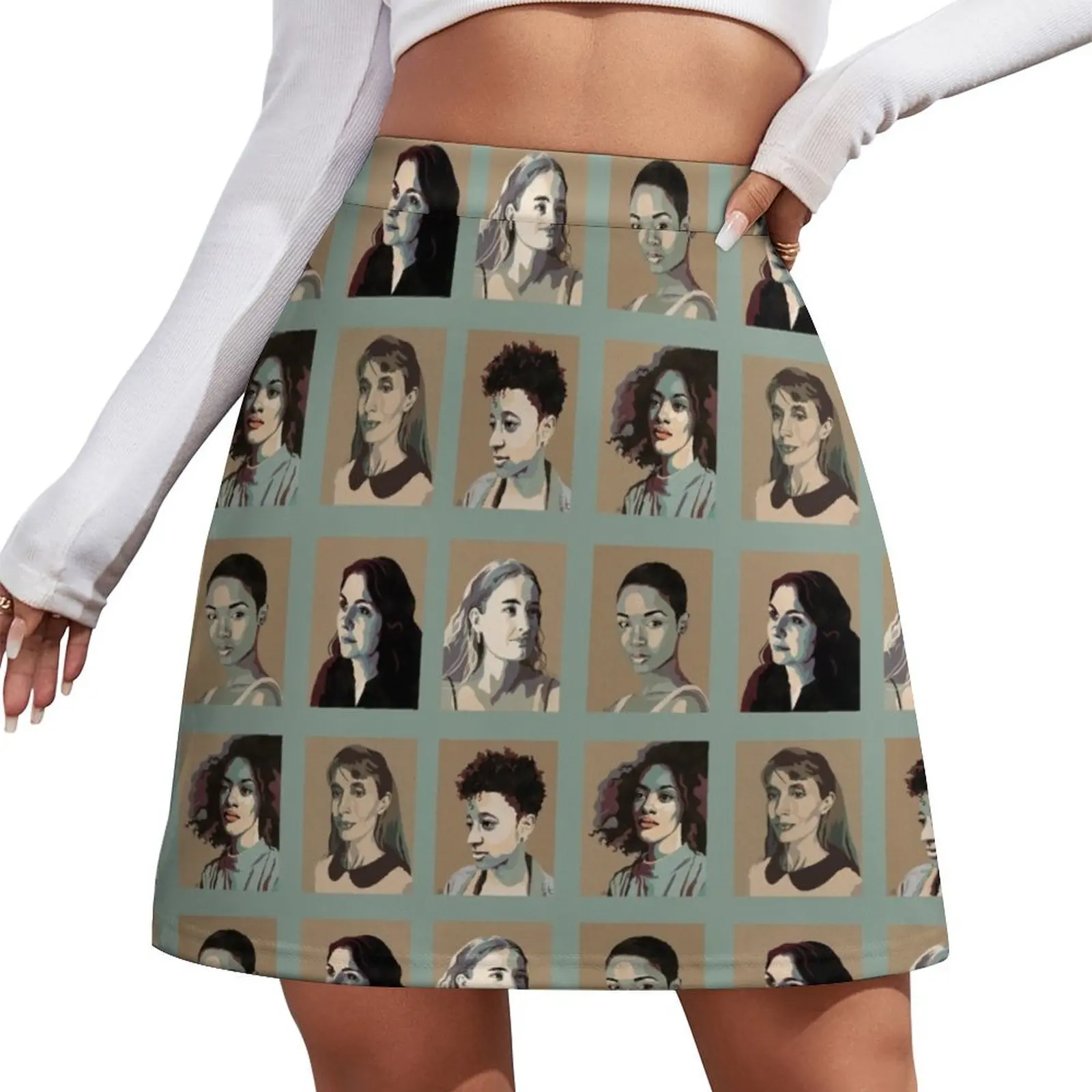 

Six Hand-Drawn Portraits, Green Background, Small Mini Skirt women's summer clothing 2026 skirts women summer 2026 kpop