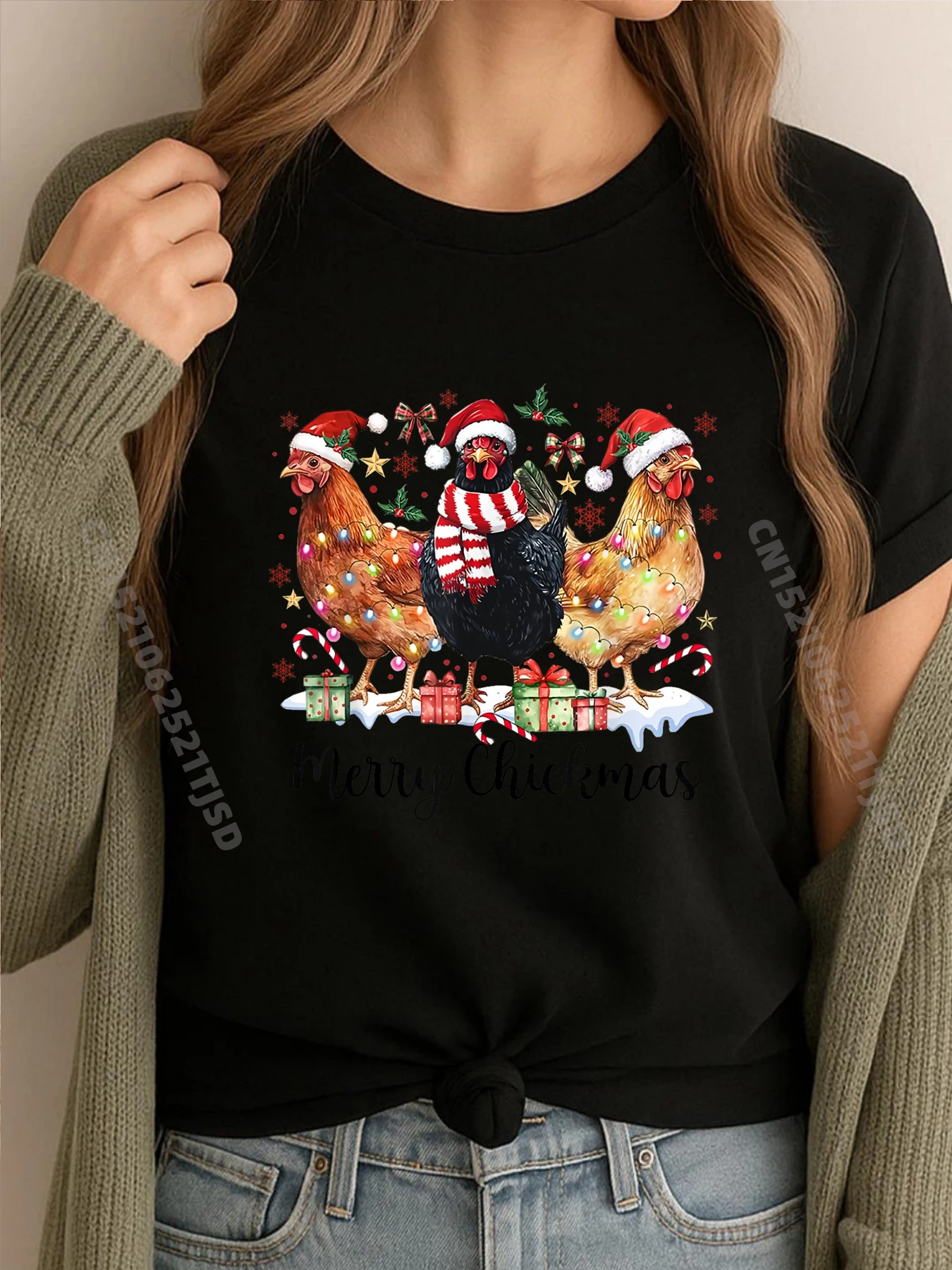 

Веселая цыпленка, фермерская шляпа Санта-Клауса, рождественская легкая винтажная футболка, женская удобная классическая мужская футболка большого размера