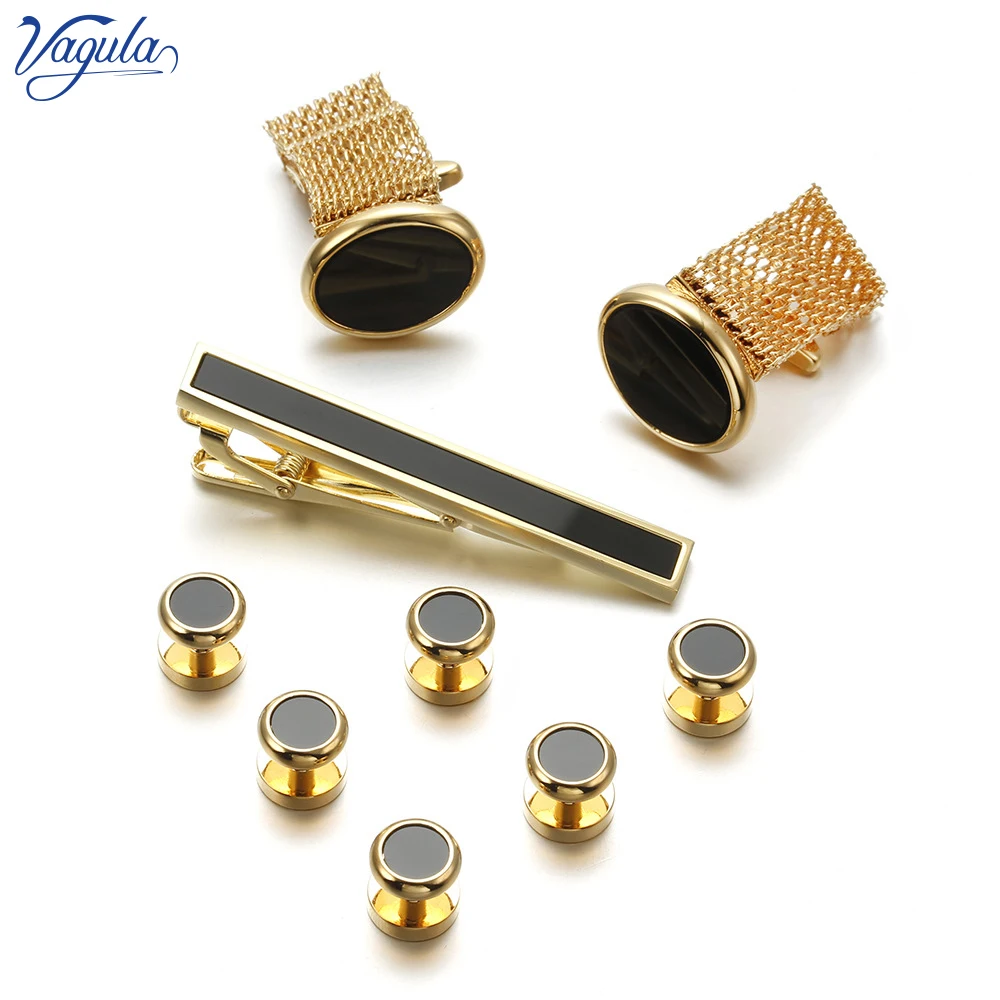 VAGULA New 9PCS Cuff links Tie Clip Collar Stud Set Spinki Tuxedo Gemelos Chain Cufflinks Tie bar pin Men Jewelry Gift V112