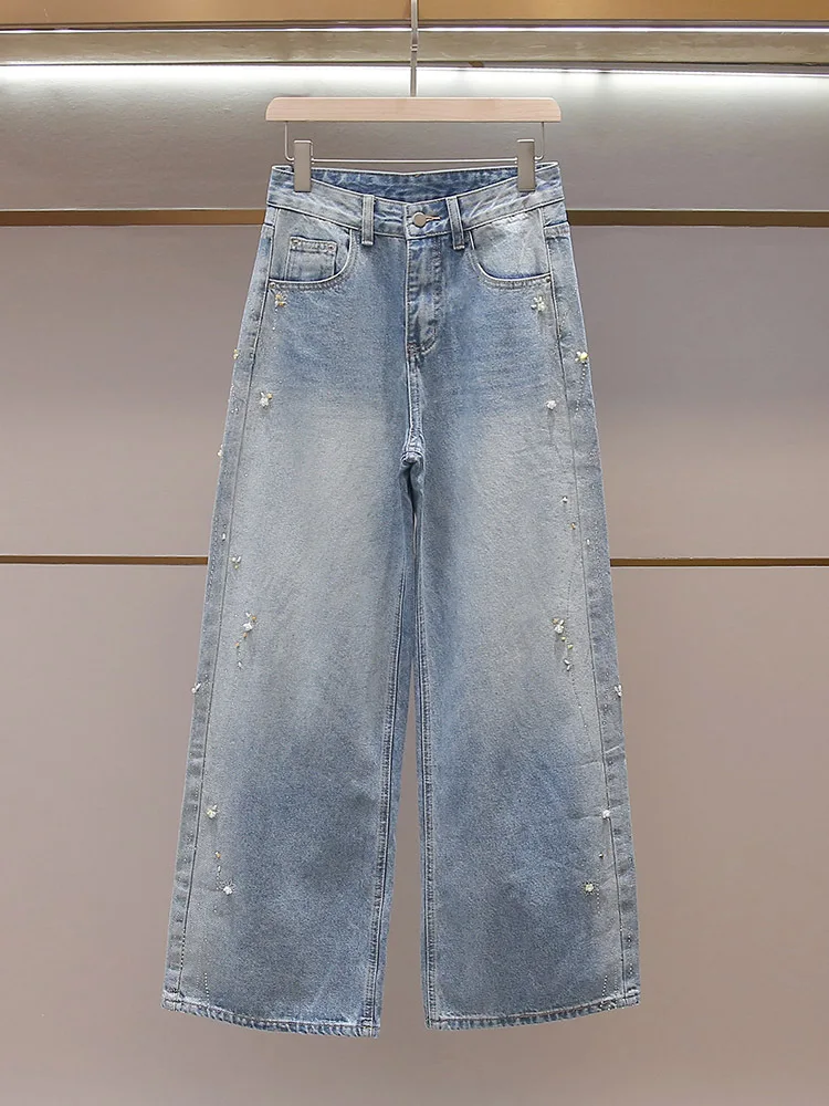 

Withered Women's Summer New Casual Versatile A-line Washed Nail Bead Small Fresh Wide Leg Jeans
