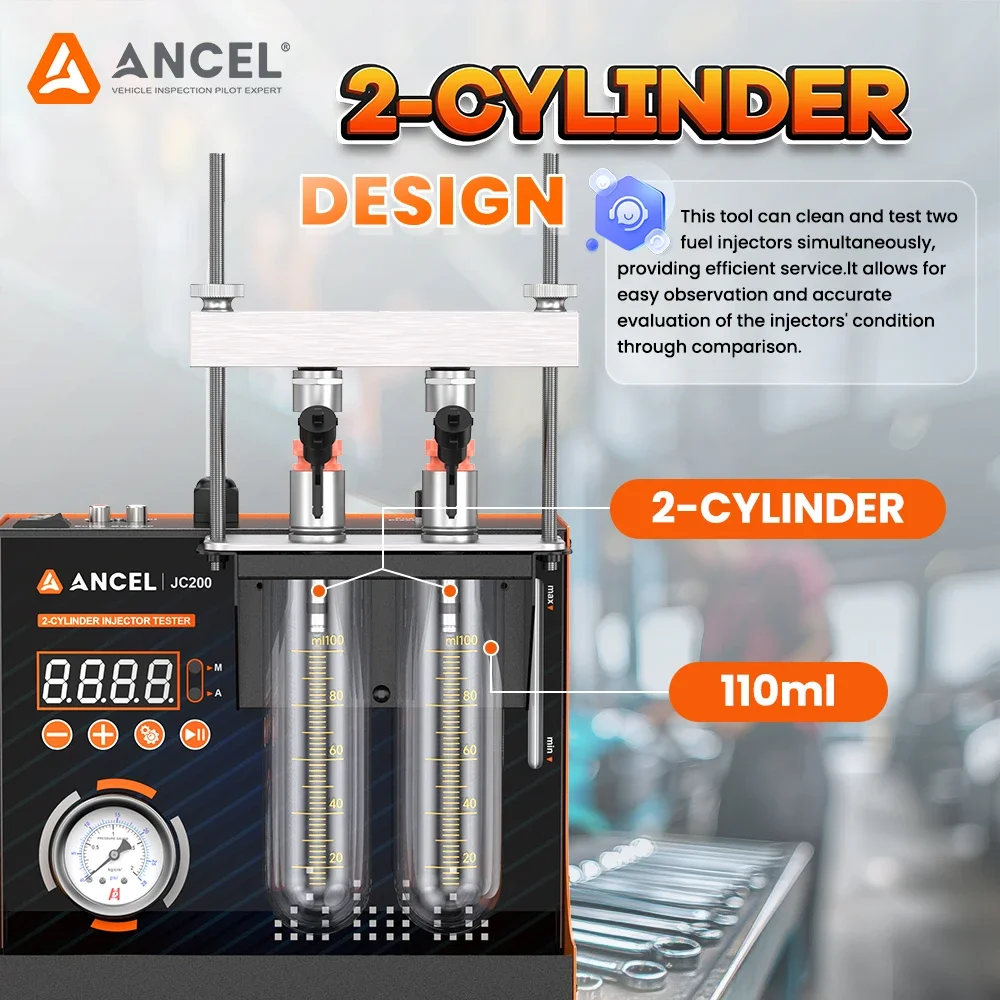 Einspritzdüsen-Reinigungsmaschine, Zweikanal-Injektor-Reinigungswerkzeug, Test ANCEL JC200, integrierte Luftpumpe für 12 V Auto, Motorrad