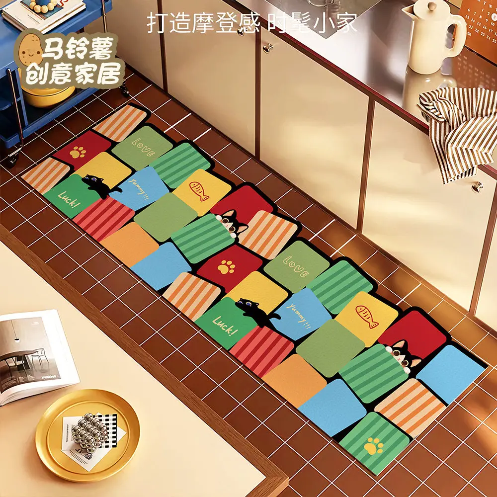 VIKAMA Colorful Dog Paw Print Fun Kitchen Long Mat Diatom Mud Anti Slip Washable Cute Healing Entrance Corridor Doormat
