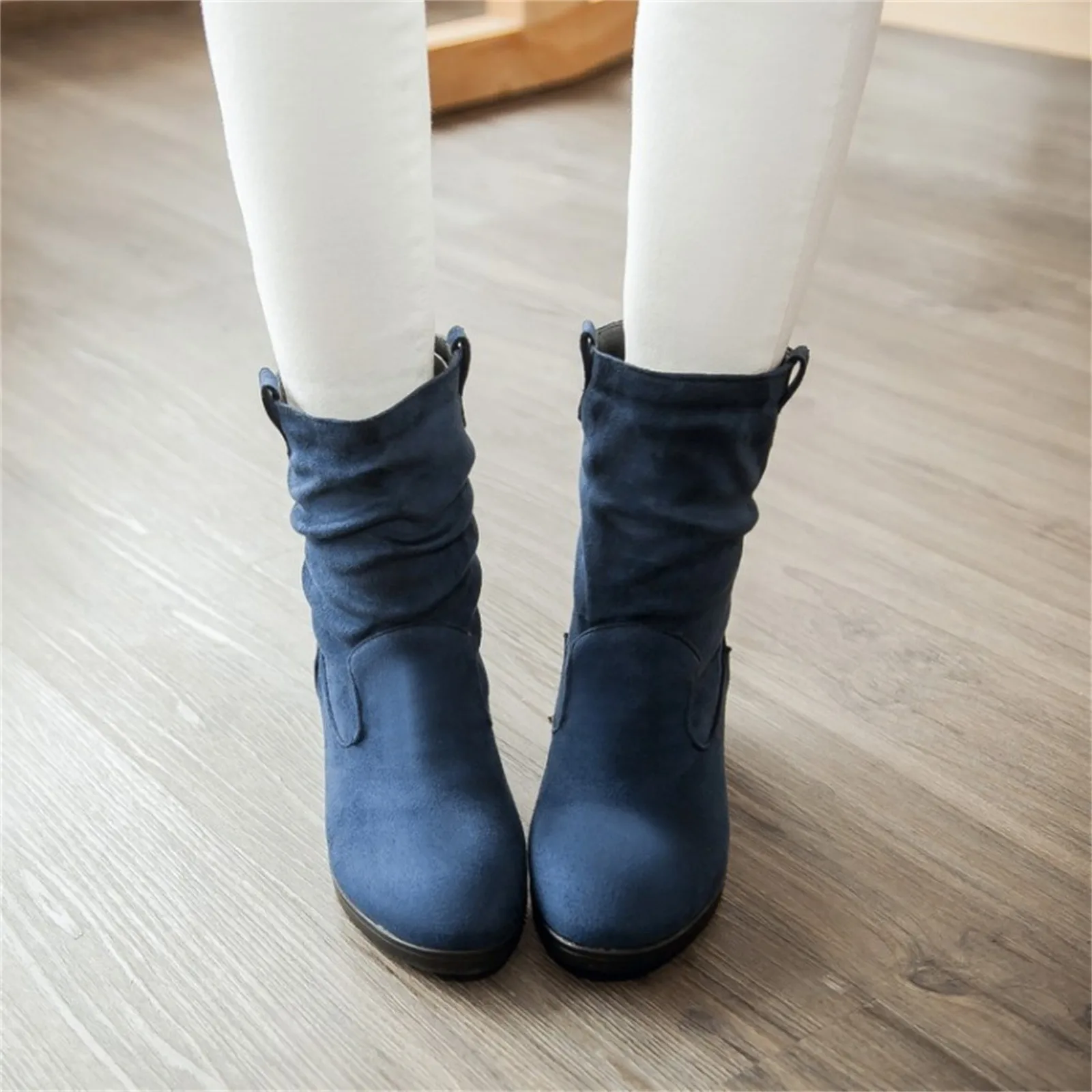 

Womens British Style Fashion Solid Color Unique Suede Pleated Round Head Casual Short Boots Female Comfortable Versatile Shoes