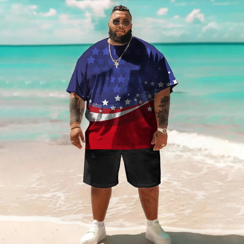 S-9XL Plus Size Men's Patriotic American Flag Print 2 Piece Outfit, Oversized Short Sleeve T-Shirt and Shorts Streetwear Set