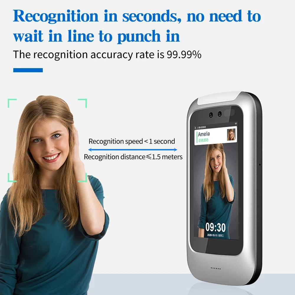 5 Inch WiFi TCP IP Face Recognition Touch Screen Attendance Device Support 13.56Mhz IC Card APP/ PC Software / Cloud 3000 Users