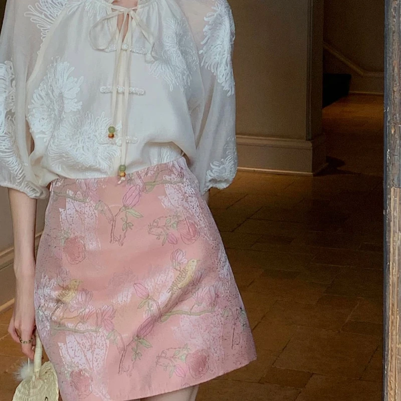 

Женская Жаккардовая юбка с цветочным принтом, трапециевидная тонкая мини-юбка с высокой талией, в китайском стиле, лето 2024