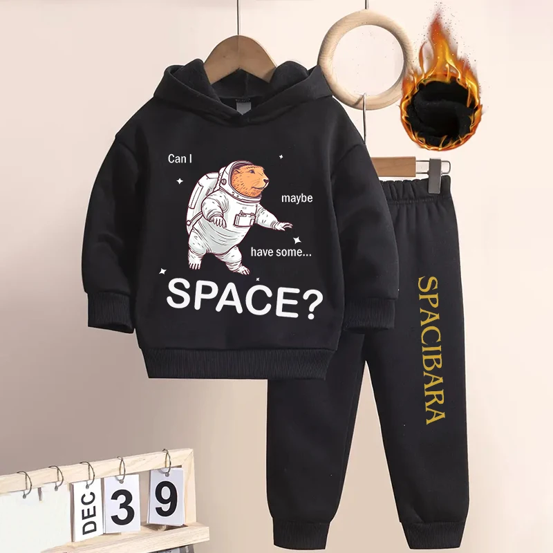 Capybara Astronaut print kids hoodie set black plus velvet sports sweatshirt pants 2-piece set for boys and girls