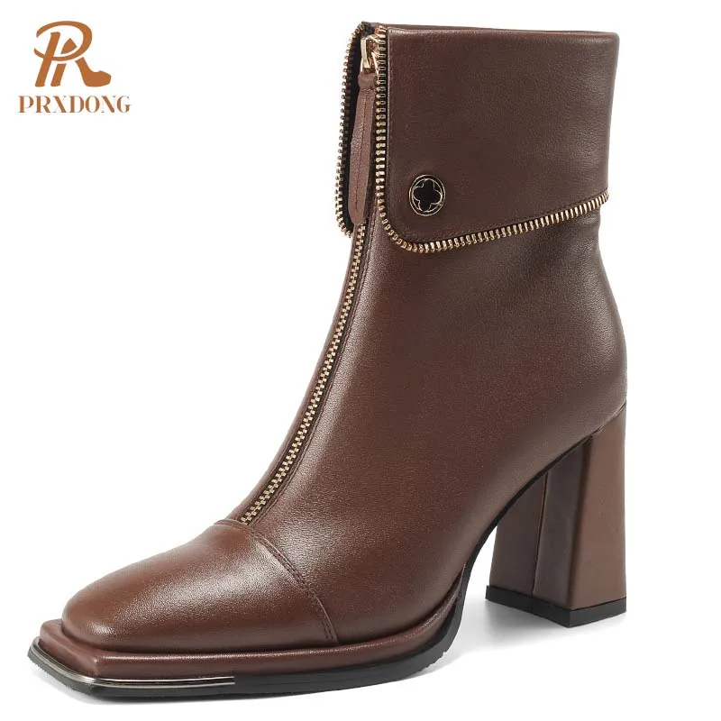 

PRXDONG Genuine Leather Women Shoes 2024 New Autumn Winter Warm Chunky High Heels Platform Black Brown Dress Party Ankle Boots 3