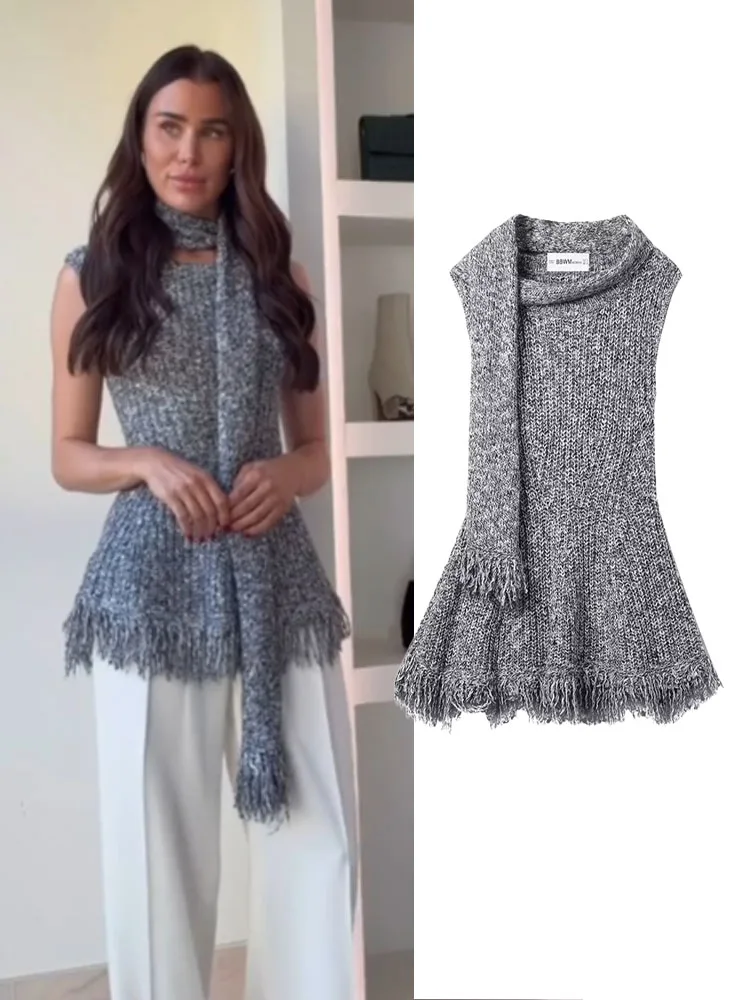 HH Women's Winter Commuting Scarf Neckline Fringed Hem Long Sleeved Knitted Sweater Female Fashion Versatile Pullover Sweater