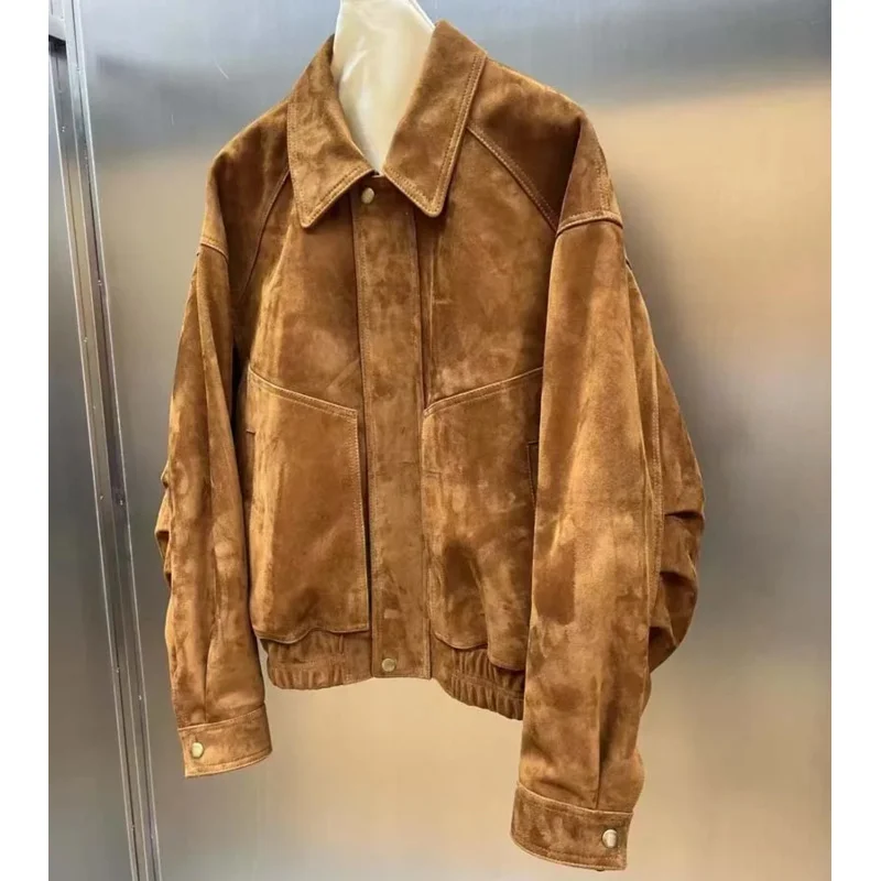 Jaqueta de couro de camurça de primavera feminina comprimento curto gola virada para baixo manga de ombro elegante novo casaco 2025