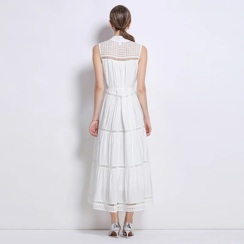 Francuska Sukienka Vintage Elegancka Bez Rękawów Wycięta Haftowana Koronkowa Sukienka Wakacyjna Damska Letnia Jednorzędowa Długa Sukienka Vestidos