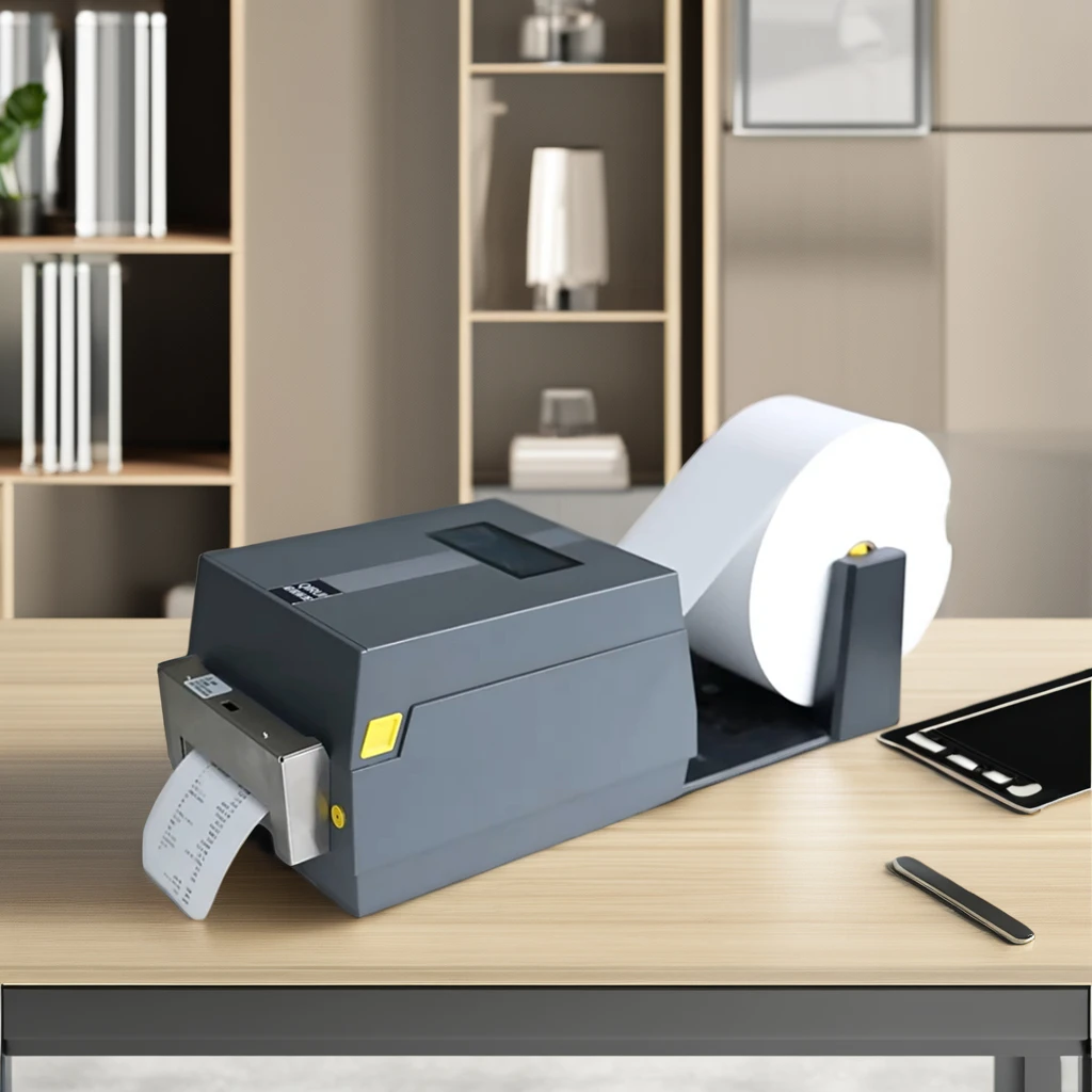 4 Inch Desktop Large Paper Bin Thermal Transfer Barcode Label Printer Ribbon Washed Mark Printer with Auto Cutter
