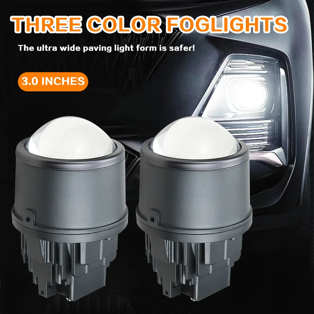 

3 Inch Bi LED Projector Fog Light with Halo Dual Cup 130W Laser Lens Triple Color White Yellow Dual Beam Universal LED Fog Lamp
