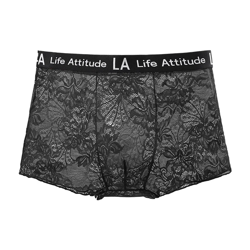 Lace Boxer Briefs for Men Sheer U Convex Pouch Boxy Underwear Mid-Rise Sexy Transparent Floral Mesh Letter Waistband Underpants